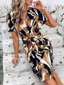 SHEIN Clasi Vrouwen V-hals bedrukt korte mouwen grafische kleurblok midi A-lijn jurk, elegante alledaagse lente/zomer