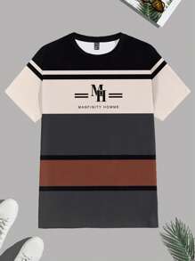 Manfinity Homme Camiseta Casual de Manga Curta Masculina com Estampa Listrada Minimalista - Multicolorido - Visão 2