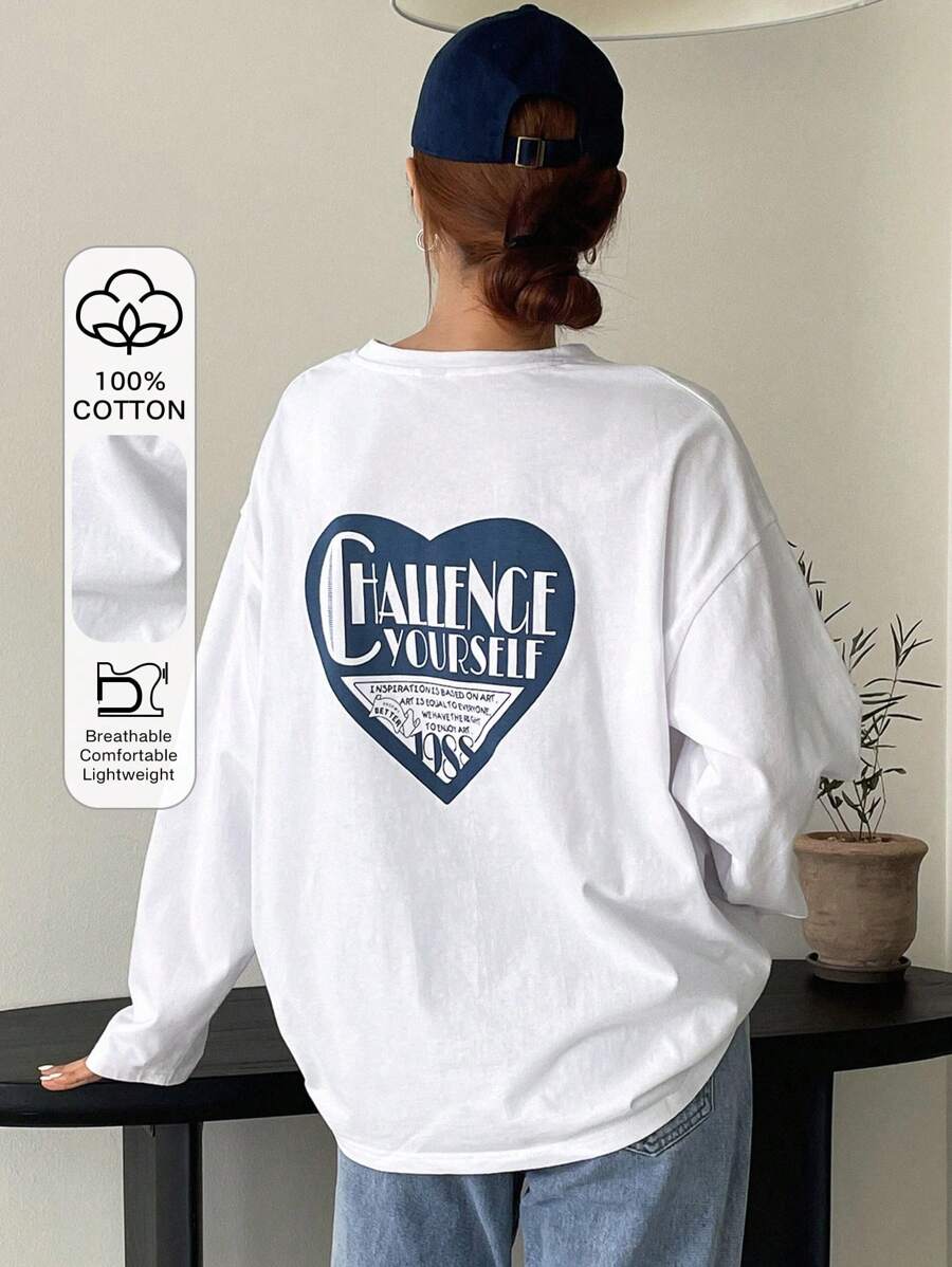 DAZY 标语图案落肩T恤挑战自我灵感源于艺术艺术对每个人来说都是平等的我们有权利享受艺术1988年秋季服装长袖女上衣 - 白色 - 查看 1