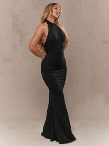 MISSGUIDED High Neck Floor Length Evening Gown Bodycon Wedding Guest Formal Long Dress Special Occasion Elegant Evening Party Maxi - Black - View 3