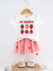 Cozy Pixies 两件套女婴草莓图案针织柔软圆领短袖上衣和网纱裙 - 粉色 - 查看 6