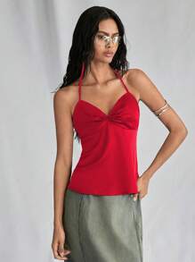 SHEIN Unity 1pc Women's Solid Color Simple Daily Spaghetti Strap Cami Top For New Year Holiday Party Clothes - Red - View 5