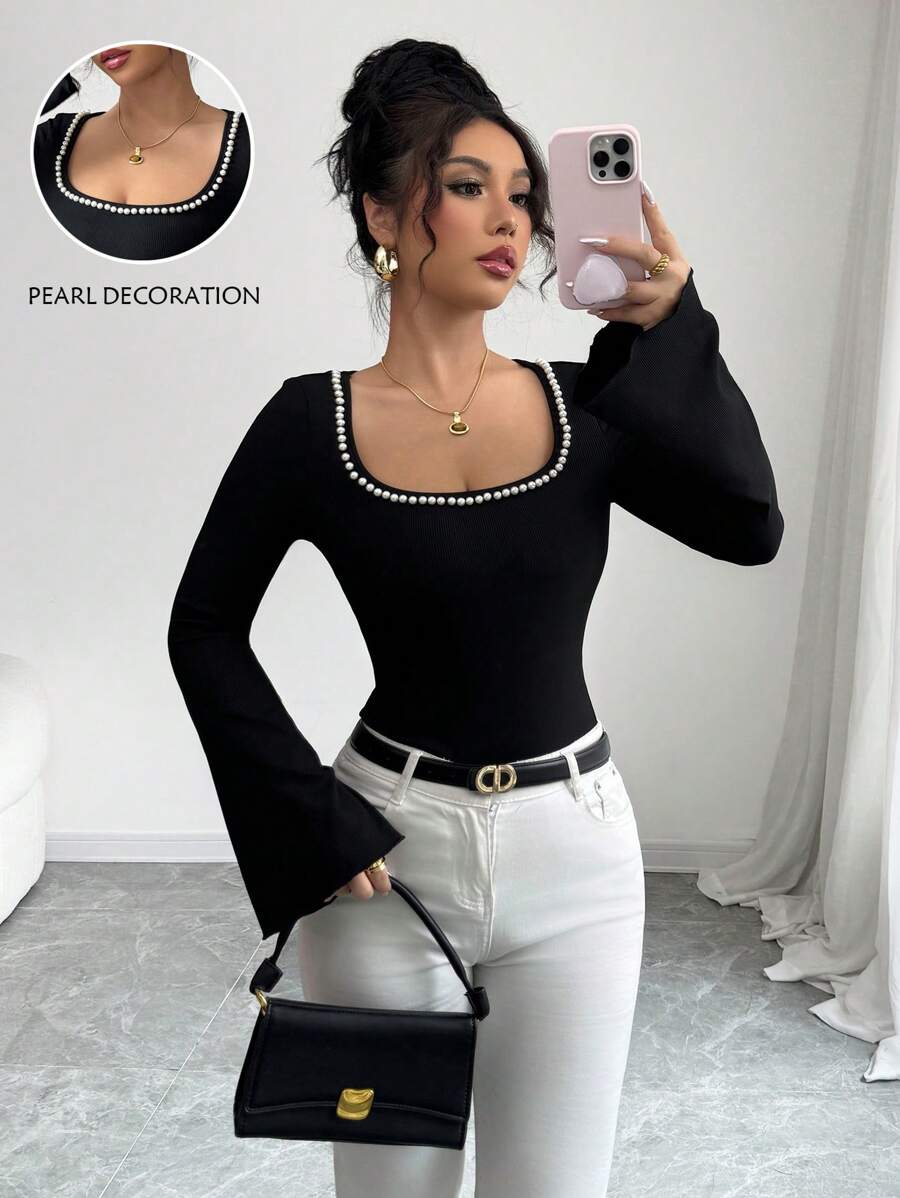 Elenzga 优雅珍珠装饰方领喇叭袖通勤衬衫 - 黑色 - 查看 1