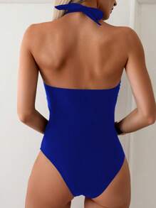 Bonvoyette Baju Renang Wanita Model Halter Seksi Warna Polos dengan Jala Kontras untuk Liburan Musim Panas - Biru - View 2
