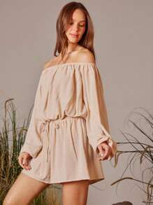 WESTFADE Boucle Dot Chiffon Off Shoulder Long Sleeve Crop Top & High Rise Smocked Waist Drawstring Relaxed Fit Shorts Women Two Pieces Set