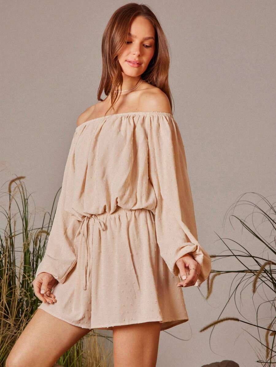 WESTFADE Boucle Dot Chiffon Off Shoulder Long Sleeve Crop Top & High Rise Smocked Waist Drawstring Relaxed Fit Shorts Women Two Pieces Set