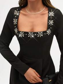 SHEIN Cottnline Rhinstone Embellishment Detailed Square Neck Long Sleeve Princess Shape Elegant Short Dress - Black - View 2