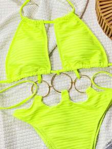 Swim SXY 1 件女式连体泳衣，纹理面料，纯色，海滩度假吊带领，带钢圈 - 青檸色 - 查看 3