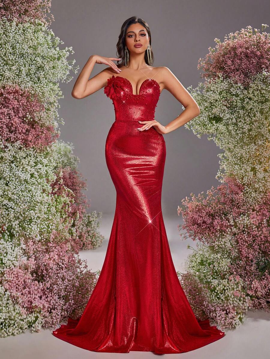 Glamrae Elegant Red Glossy Knit Coated Strapless Asymmetric V-Neck Detachable Floral 3D Embellished Luxurious Handmade Beaded Fishtail Formal Dress, Wedding Guest Dress, Party Dress, Evening Dress - Red - View 1