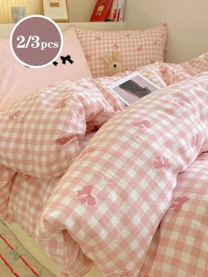 2/3pcs Pink Bow, Pink Plaid, Super Soft, Student Sushe,Sweet And Lovely Girl, Student,Boys And Girls,School Student,Dormitory Dress-Up, Washed And Sanded Quilt Cover Pillowcase Set In Spring And Summer Twin Queen King