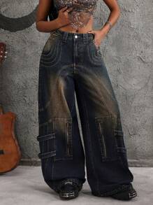 SHEIN ICON 女士拉链前口袋宽腿宽松休闲牛仔裤 - 藍色 - 查看 4