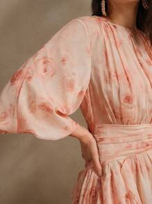 Anewsta Elegant Ruffle Cinched Waist A-Line Pink Floral Print Lantern Sleeve Satin Chiffon Dress For Women, Spring/Easter