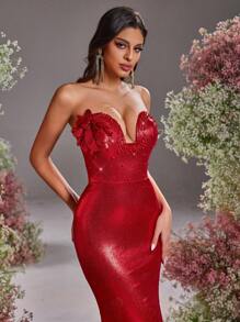 Glamrae Elegant Red Glossy Knit Coated Strapless Asymmetric V-Neck Detachable Floral 3D Embellished Luxurious Handmade Beaded Fishtail Formal Dress, Wedding Guest Dress, Party Dress, Evening Dress - Red - View 2