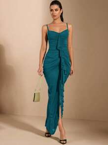 SHEIN BAE 春夏度假海滩紧身胸衣褶皱性感优雅荷叶边装饰女式连衣裙