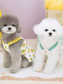 PETSIN 绿色春夏清新优雅花卉图案宠物纽扣连衣裙