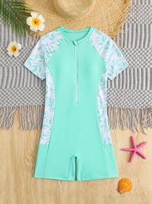 Girls' Cute Leaf Print Short Sleeve One-Piece Swimsuit (Random Print) - Green - View 3