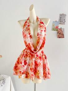 Soleia Gaun Mini Tie Dye Leher V Dalam dengan Hem Asimetris Bergelombang, Gaya Liburan, Gaun Santai, Gaun Musim Panas untuk Wanita - MultiWarna - View 3