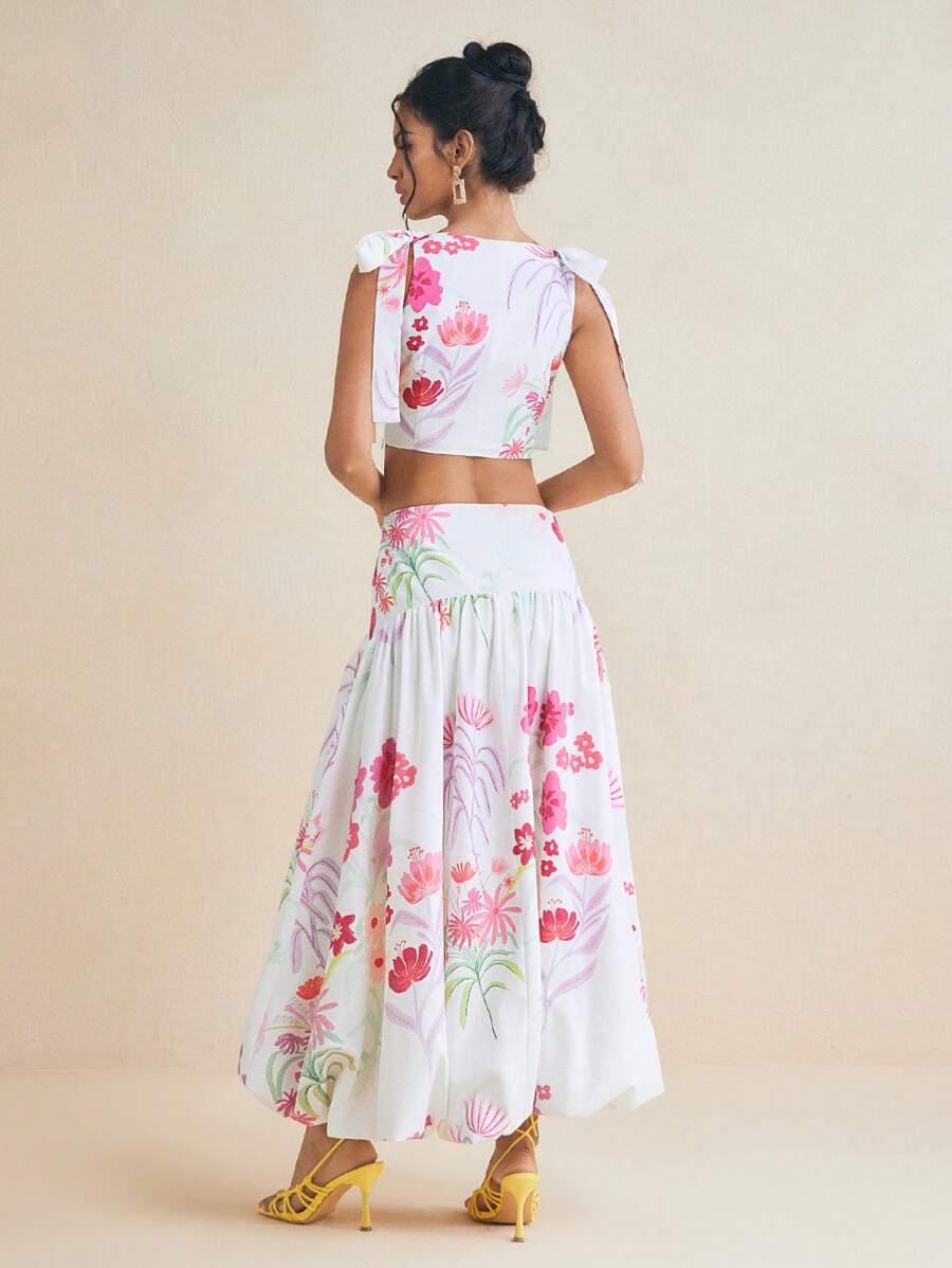 Miriam Omar Designer Women Floral Printed Crop Top With High Waist A-Line Skirt Set Elegant Romantic Spring And Summer Two-Piece Vacation Outfit, Spring Break, Ibiza Fits - Multicolor - View 1