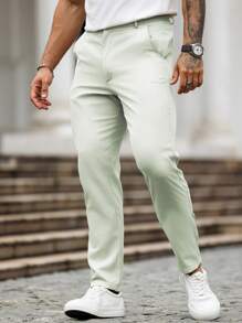 Manfinity Homme 男士休闲纯色锥形裤 - 薄荷綠 - 查看 4