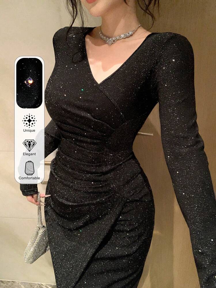 Women's Mid-Length Sequin Waist Drawstring Midi Dress Prom Dress Party Women,Fall Dress Homecoming Dresses Long Sleeve Dress Luxury New Years Women Outfit Carnival Sparkly Dress