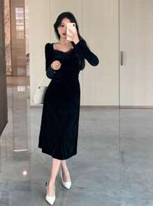 DAZY 女士纯色撞色蕾丝甜心领长袖优雅连衣裙，开学季连衣裙秋冬