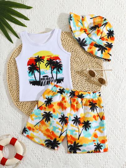 SHEIN Conjunto de ropa de baño para niños preadolescentes, traje de baño dividido con estampado de palmeras, parte superior estampada con gorra anti-UV y pantalones cortos de playa, estampado aleatorio, ideal para vacaciones y deportes de verano casuales y frescos