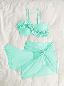 SHEIN Tween Girls Bikini - Fashionable & Elegant Mint Green Swimsuit Set. Features Soft Knitted Fabric, Fully Lined Bikini Top With Lace Trim, And A Matching Wrap Skirt. A Stylish, Casual, And Exquisitely Detailed Three-Piece Design. Perfect For Swimming, Summer Vacations, Beach Trips, Pool Parties, And Holiday Leisure. - Mint Green - View 5
