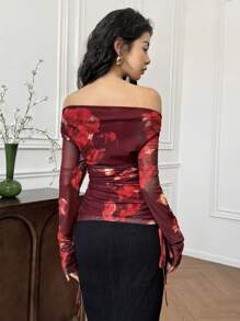 EastFlair Blusa de manga larga con volantes y estampado floral con hombros descubiertos, de moda para vacaciones