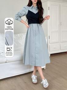 DAZY 女式撞色二合一纽扣前长袖迷你连衣裙衬衫裙，秋季服装