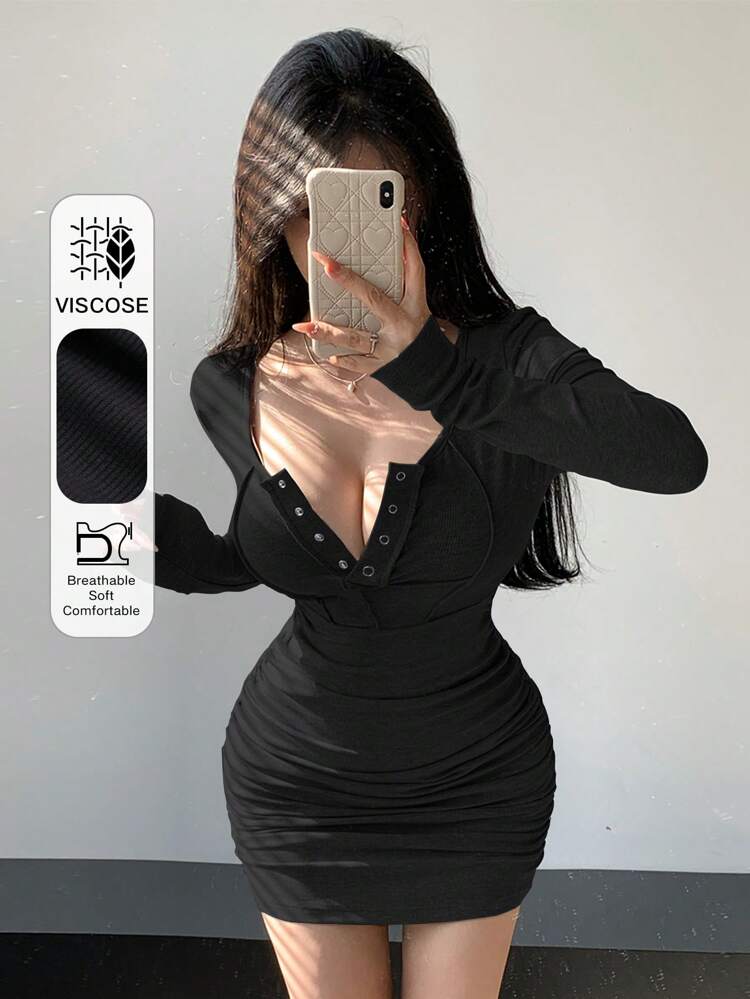 Women Fall Ruched Bodycon Sexy Long Sleeve Dress,Mini Dress
