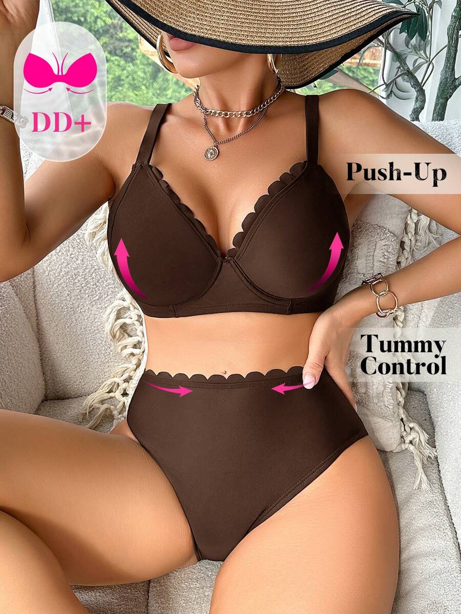 Swim DD+ Women's Solid Color Shell Trim Wire-Rimmed Bikini Set For Summer Beach Vacation - Brown - View 1