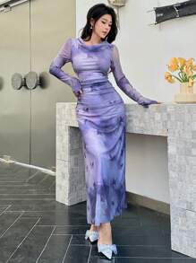 Modelyn Elegant Tie Dye Butterfly Print Long Mesh Dress - Multicolor - View 3