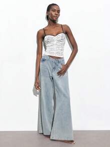 Maija Women's Elegant Sexy Contrasting Color Ruched Lace Camisole, Suitable For St. Patrick's Day, Spring Break, Easter, Music Festivals - White - View 2