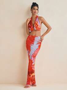 Eva Novielli Top con cuello de halter de malla con estampado en rojo de vacaciones, con relleno, parte posterior con lazo, parte superior de primavera-verano para mujer, para vacaciones de primavera, ajustado a Ibiza