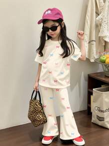 SHEIN 2pcs/Set Young Girls Cute Colorful Mini Bow Cartoon Pattern Round Neck Short Sleeve Top And Flared Pants Set, Casual & Simple, Suitable For Spring & Summer - Multicolor - View 5