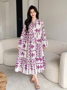 DAZY Rochie tip cămașă cu imprimeu lejer și mânecă trei sferturi, cu volane, rochie de toamnă, rochie maxi cu mânecă lungă - Violet - Vizualizare 3