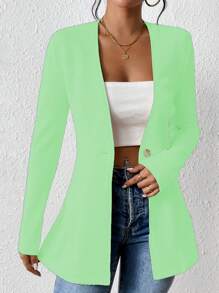 Chiquease Women's Solid Color Collarless Cinched Waist Casual Jacket - Olive Green - View 6