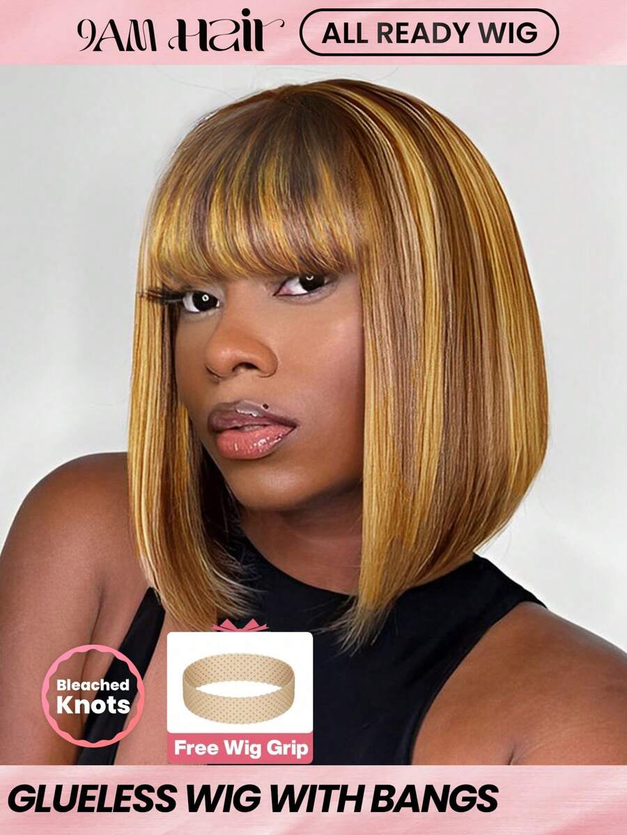 ALL READY WIG 挑染假发 无胶波波头假发 真人发刘海假发 女士真人发蕾丝假发 P4/30 挑染棕色全成品假发 预漂白 预拔 预剪蕾丝融化 4x4 蕾丝闭合 无胶假发 带前发 100% 真人发 9AM HAIR - S4/30 - 查看 1