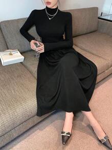 DAZY Women High Neck Fitted Mid-Length Dress, Autumn/Winter, Birthday ,New Year Eve Prom Dress,Fall Women Clothes Long Sleeve Dress Elegant Women Dresses - Black - View 7