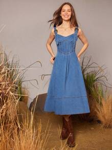 WESTFADE Sweetheart Neck Corset Style Fit And Flare Western Buckle Strap Sleeveless Denim Midi Dress Nashville Style Outfit - Medium Wash - View 3