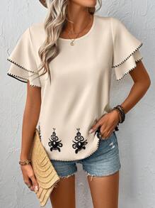 Chiquease Camisa casual, suelta, de cuello redondo, con estampado digital y mangas cortas