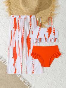 3pcs/Set Young Girl Printed Swimwear Set - Orange - View 5