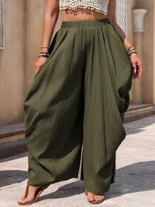 EMERY ROSE 大码女式宽松军绿色褶皱休闲裤 - 軍綠色 - 查看 6