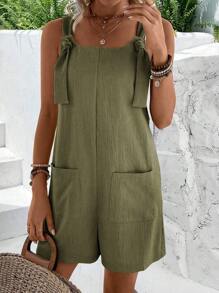EMERY ROSE 1pc Women's Solid Color Double Pockets Design Casual Loose Romper - Army Green - View 6