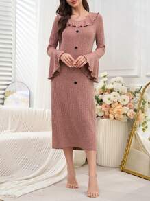 Vestido de estar en casa casual con cuello Peter Pan y volantes en el bajo para mujer