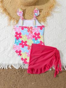Traje de baño una pieza con falda cubrembreras y volantes con estampado floral para niña, patrón impreso al azar