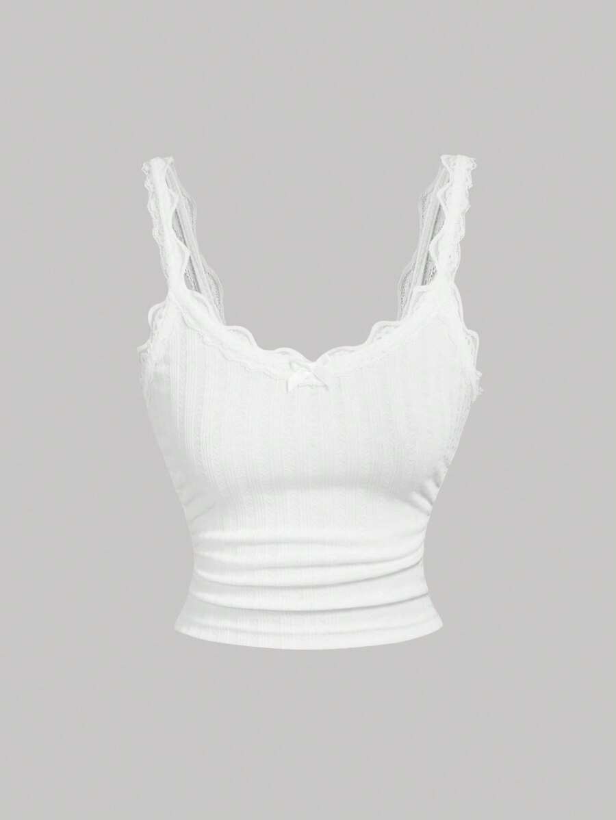 SHEIN MOD 可爱白色上衣，饰有褶皱蕾丝拼接蝴蝶结，秋季必备，返校季可爱上衣