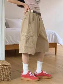 DAZY 女式低腰休闲工装口袋短款短裤夏季 - 卡其色 - 查看 4