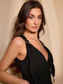 Calvaya Women's Solid Color Ruched Elegant Deep V-Neck Metal Button Tank Top