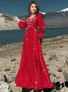 Layrah Hand-Sewn Crystal & Pearl Embellished Red Long Sleeve Full Length Dress, Kaftan & Jalabiya, Luxury Evening Dresses For Women,Modest - Red - View 9